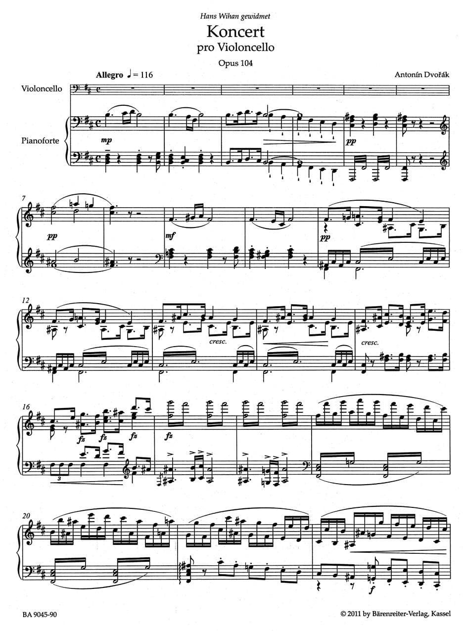 Dvorak, Antonin - Cello Concerto in B minor, Op. 104 - for Cello and Piano - edited by Jonathan Del Mar - Barenreiter URTEXT
