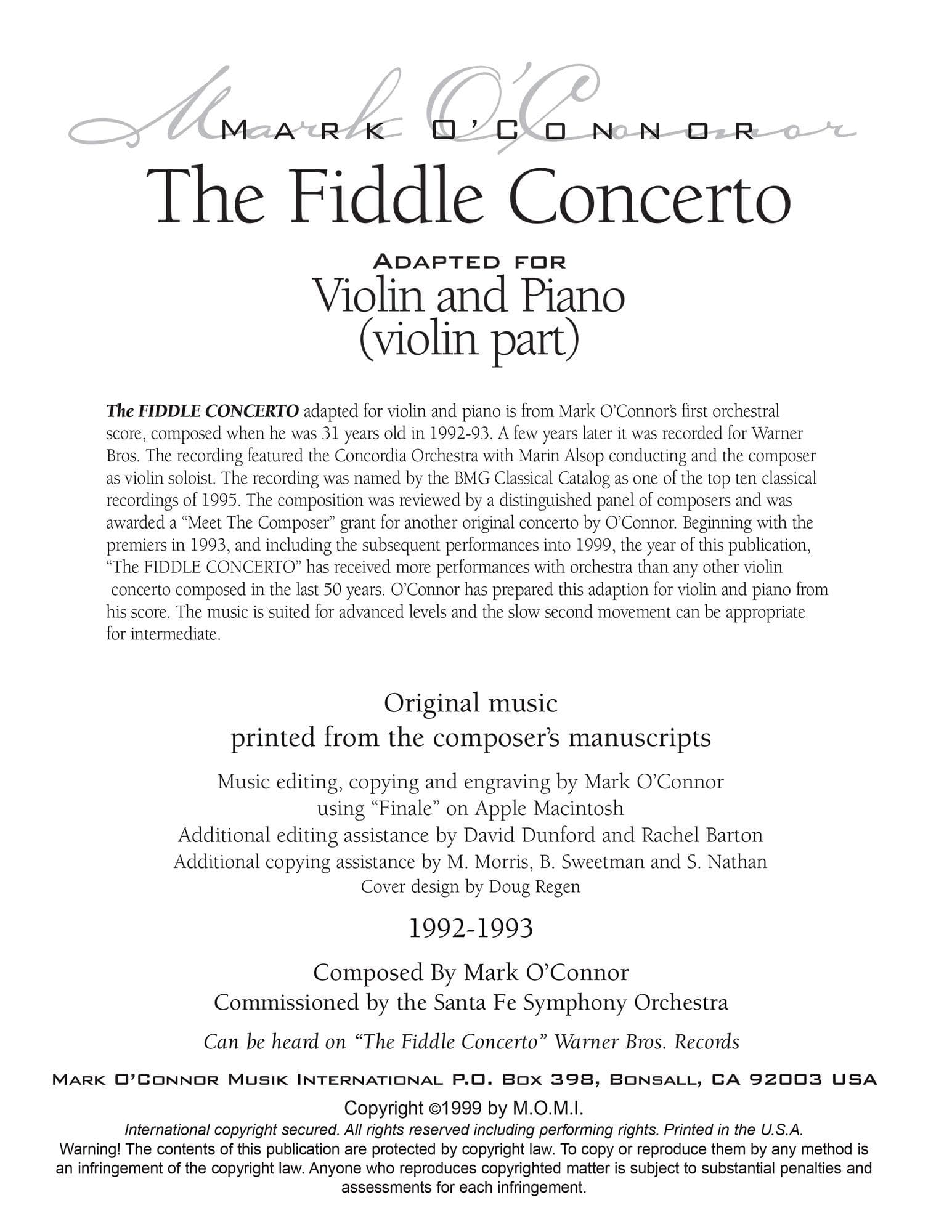 O'Connor, Mark - The FIDDLE CONCERTO for Violin and Piano - Violin - Digital Download