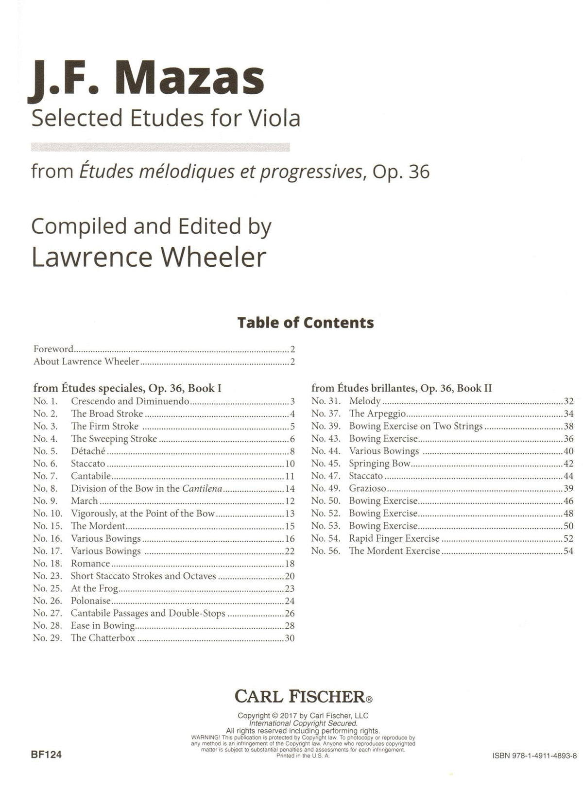 Mazas, J.F. - Selected Etudes for Viola, from Op. 36 - for Solo Viola - edited by Lawrence Wheeler - Carl Fischer