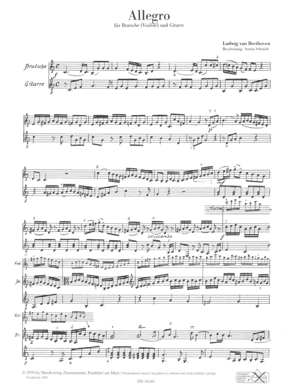 Beethoven, Ludwig - Allegro WoO 33 for Viola (Violin) and Guitar - Arranged by Schmidt - Wilhelm Zimmermann Publication