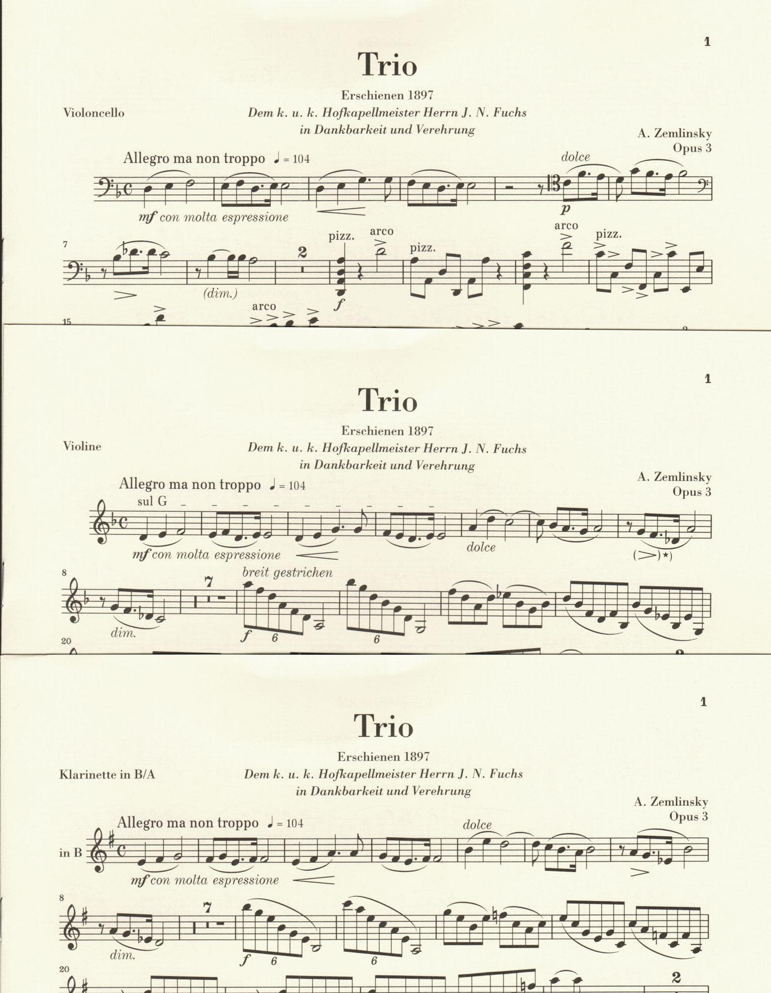 Zemlinsky, Alexander - Trio in D minor, Opus 3 - for Violin or Clarinet, Cello, and Piano - edited by Dominik Rahmer - G Henle URTEXT