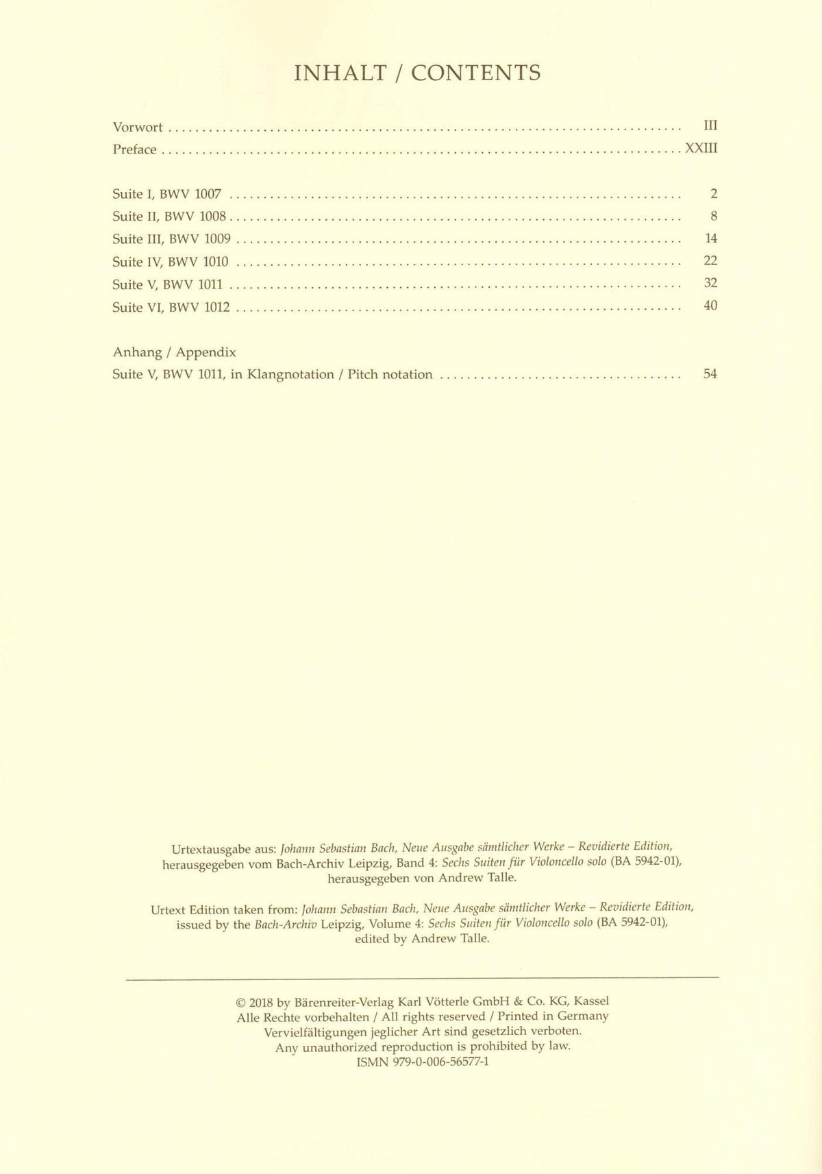 Bach, JS - 6 Suites, BWV 1007 1012 - Cello solo - edited by Andrew Talle - Bärenreiter Verlag URTEXT