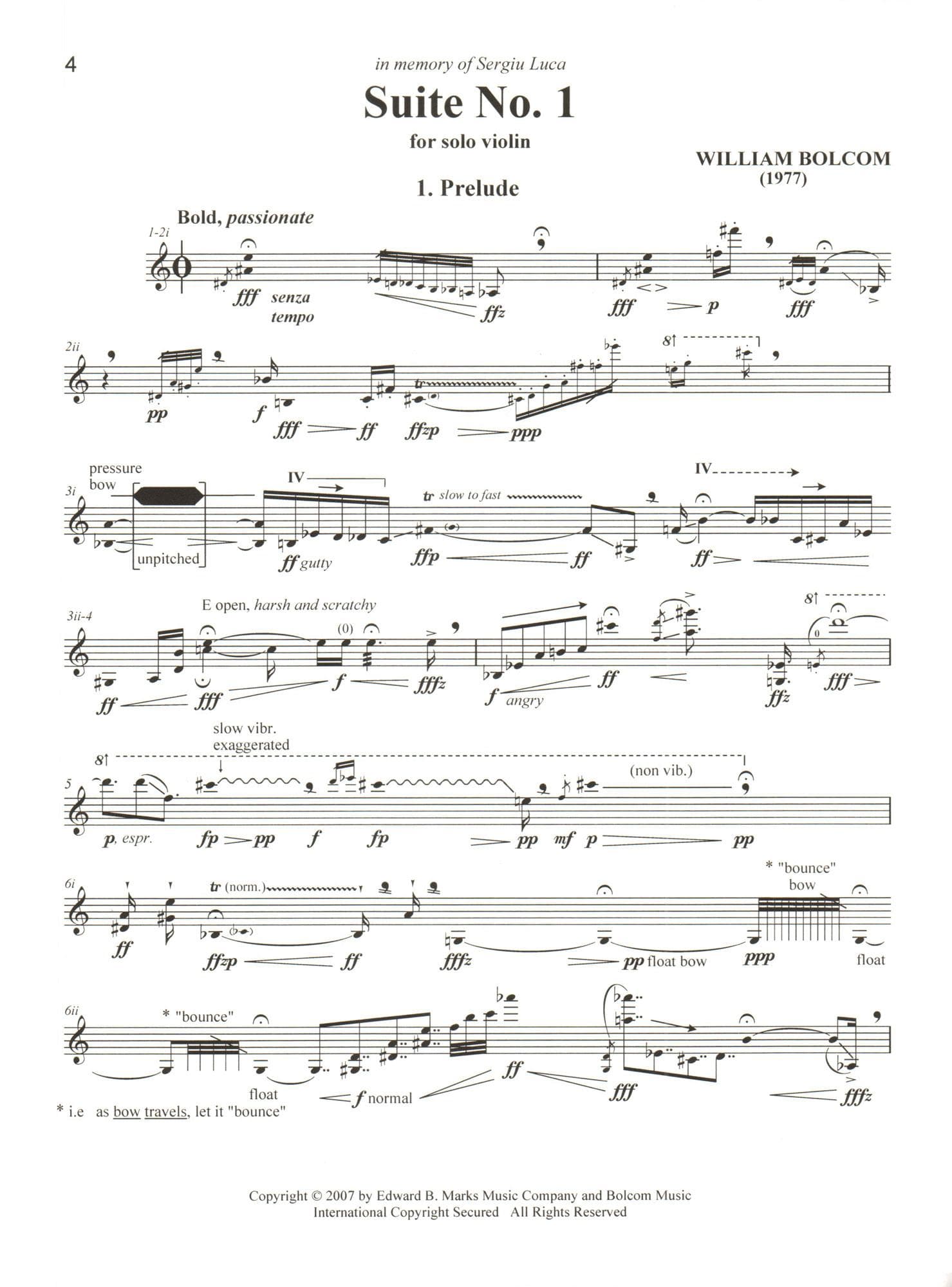 Bolcom, William - Suites No. 1 and No. 2 - for Solo Violin - Edward B. Marks Music Company