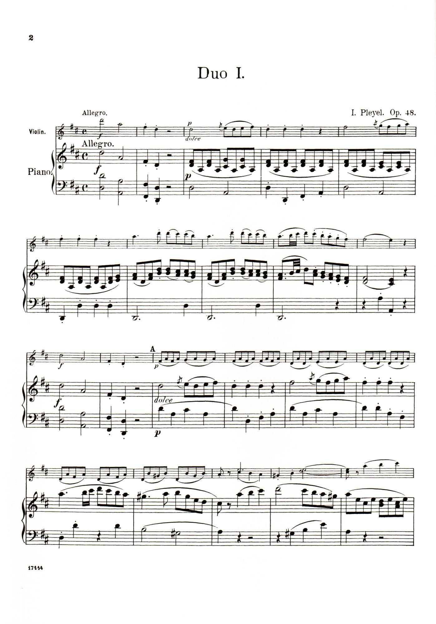 Pleyel, Ignace Joseph - Six Little Duets, Op 48, B 574-579 For Two Violins Published by G Schirmer