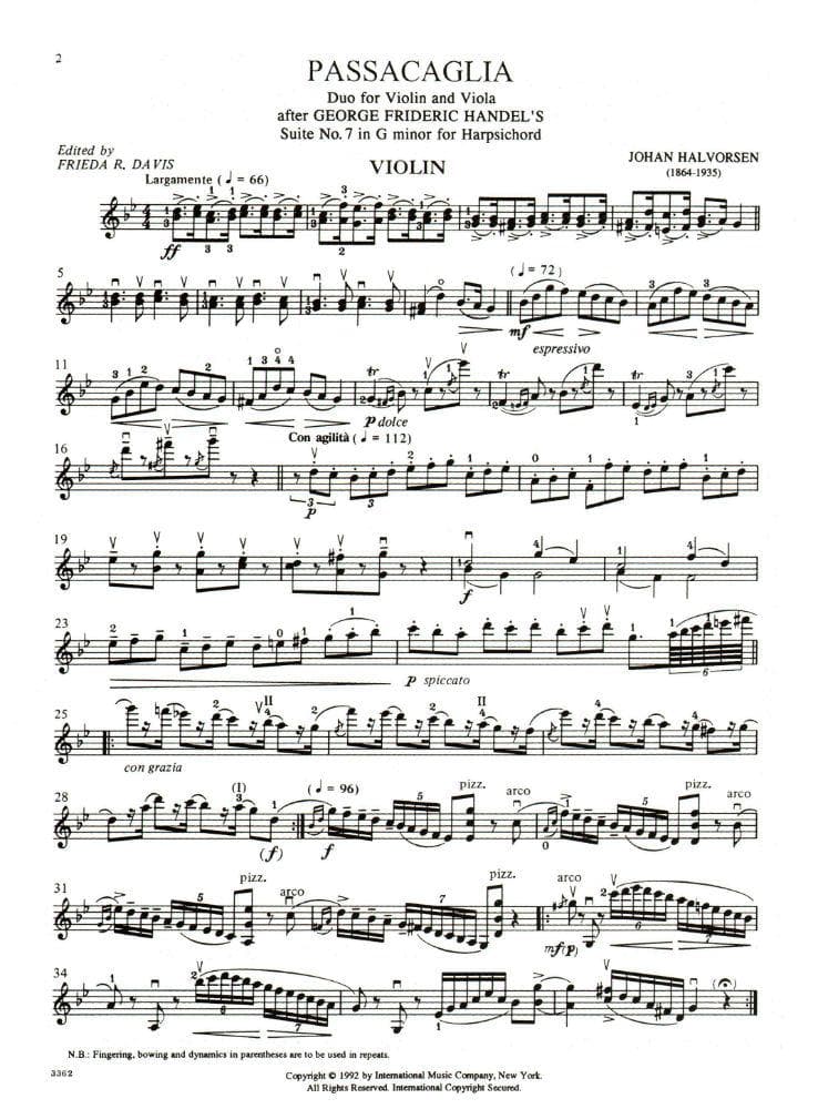 Handel/Halvorsen - Passacaglia - Violin and Viola - Score and Parts - edited by Frieda R Davis and Nathan Stutch - International Edition