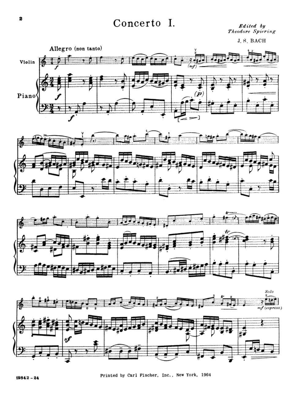 Bach, JS - Concerto No 1 in a minor BWV 1041 for Violin and Piano - Arranged by Spiering - Fischer Edition