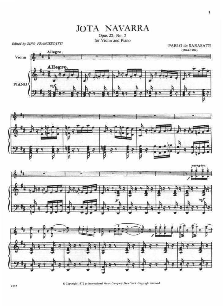 Sarasate, Pablo de - Jota Navarra, Op 22, No 2 - for Violin and Piano - edited by Francescatti - International Music Company