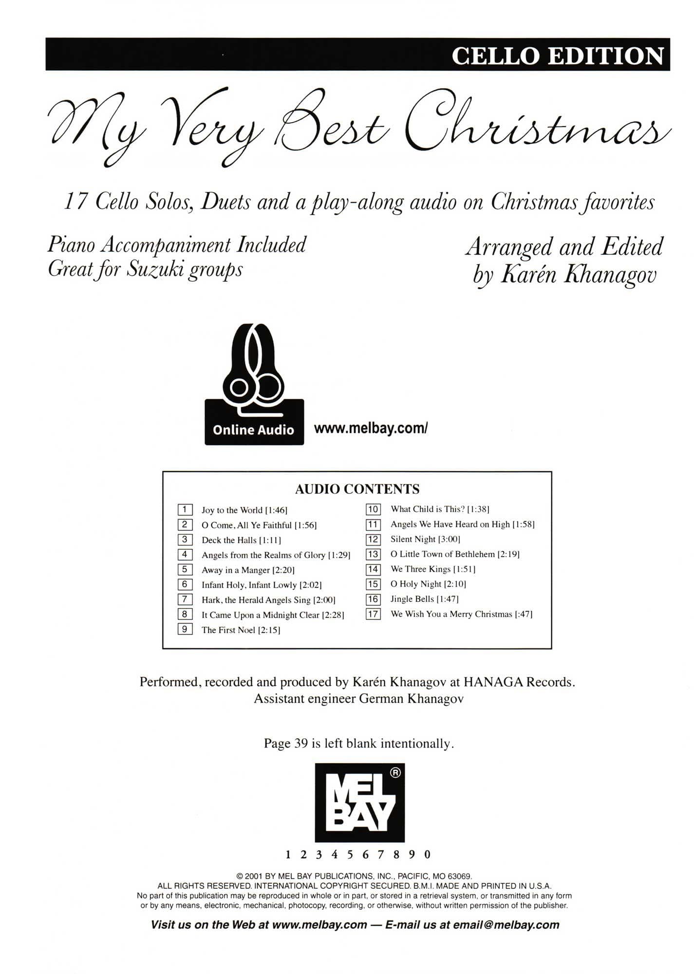 My Very Best Christmas - for One or Two Cellos and Piano - with Optional Online Audio - arranged by Karén Khanagov - Mel Bay Publications