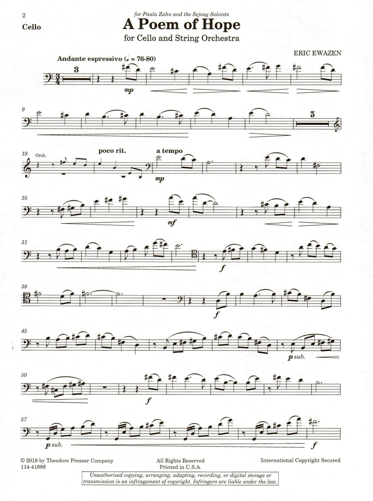 Ewazen, Eric - A Poem of Hope - for Cello and Piano - Theodore Presser