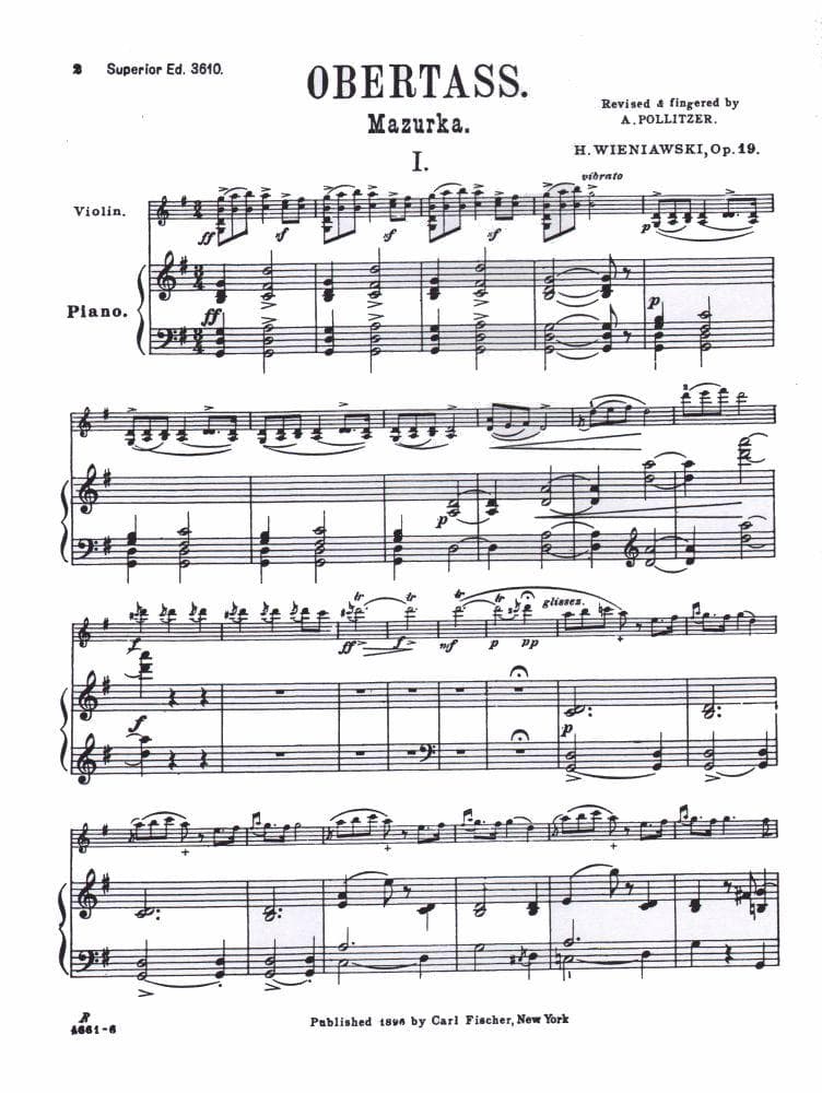 Wienawski, Henryk - Obertass (Mazurka), Op 19, No 1 - Violin and Piano - edited by A Pollitzer - Carl Fischer Edition