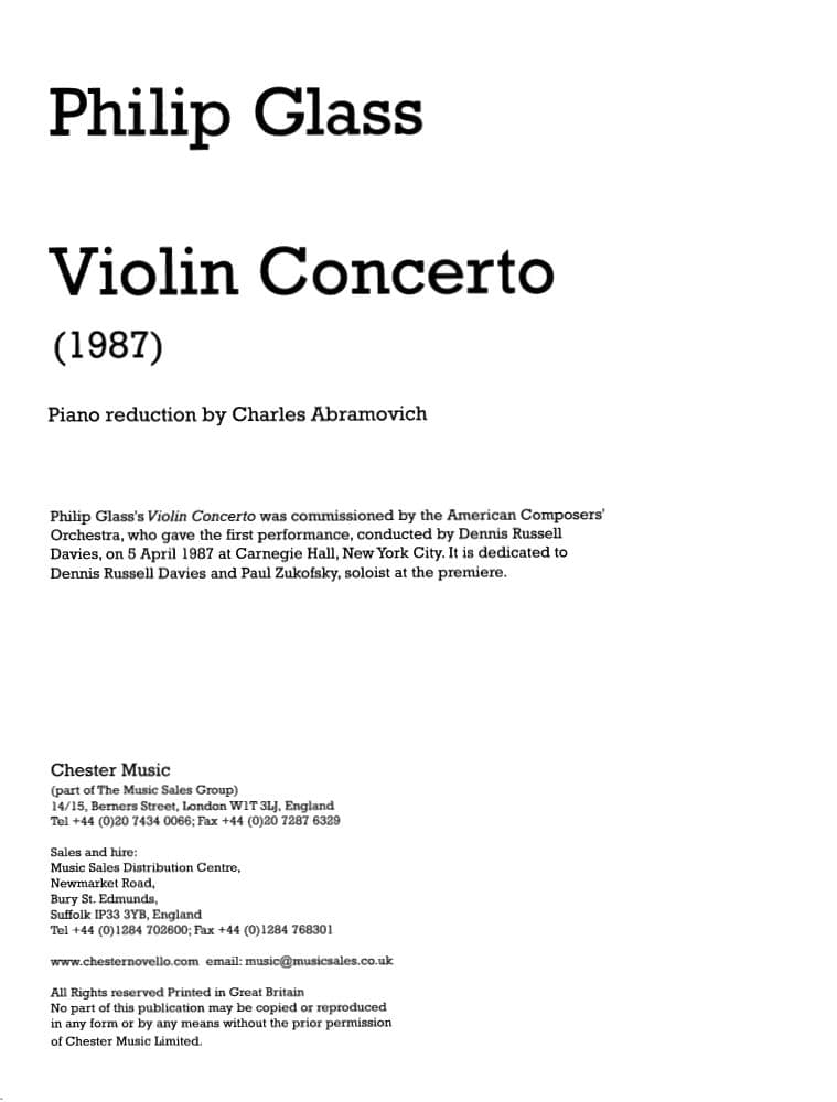 Glass, Philip - Violin Concerto (1987) - for Violin and Piano - Chester Music Edition