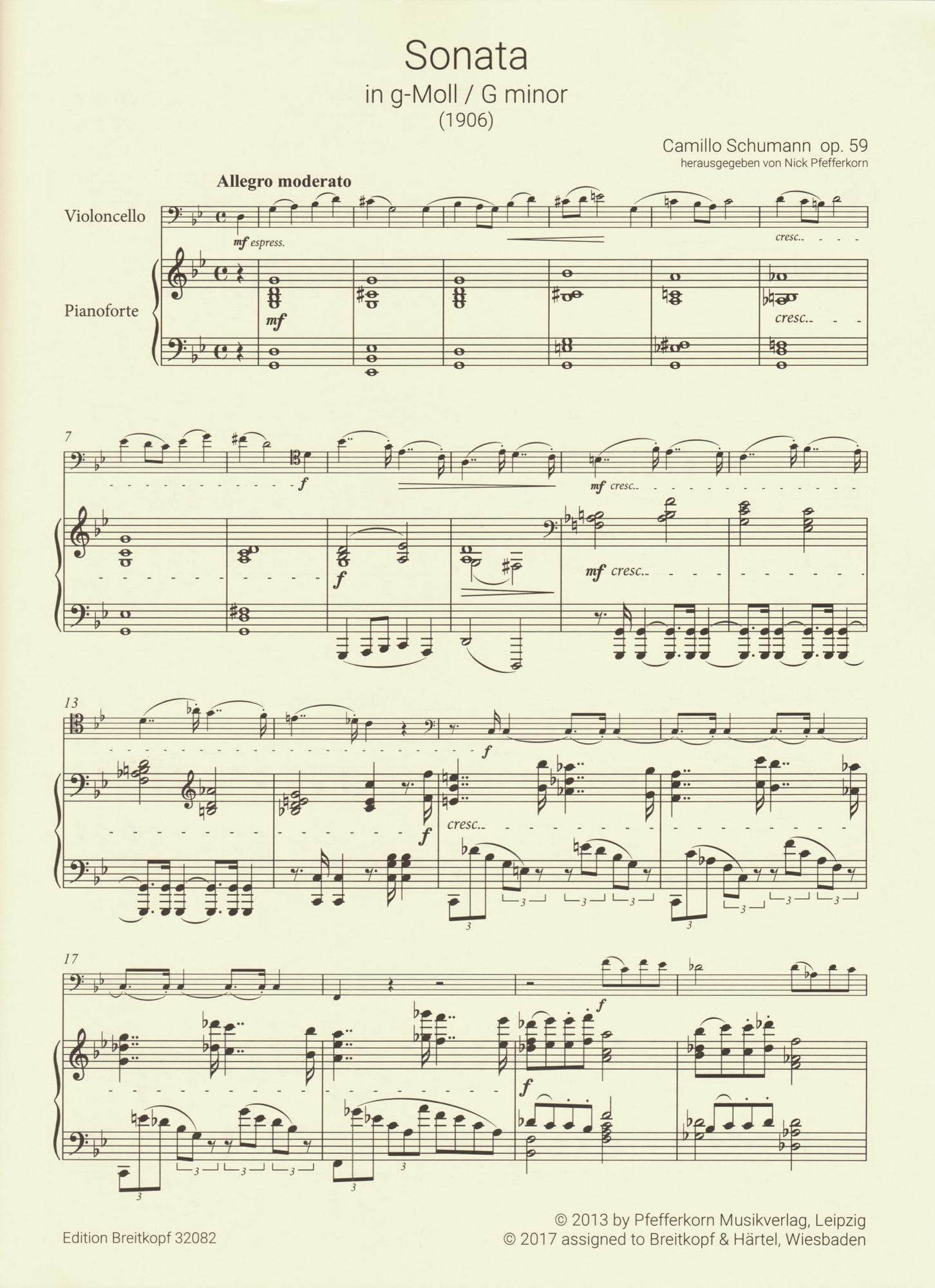 Schumann, Camillo - Sonata No. 1 in G minor, Op. 59 - for Cello and Piano - Breitkopf & Hartel URTEXT