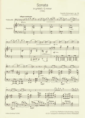 Schumann, Camillo - Sonata No. 1 in G minor, Op. 59 - for Cello and Piano - Breitkopf & Hartel URTEXT