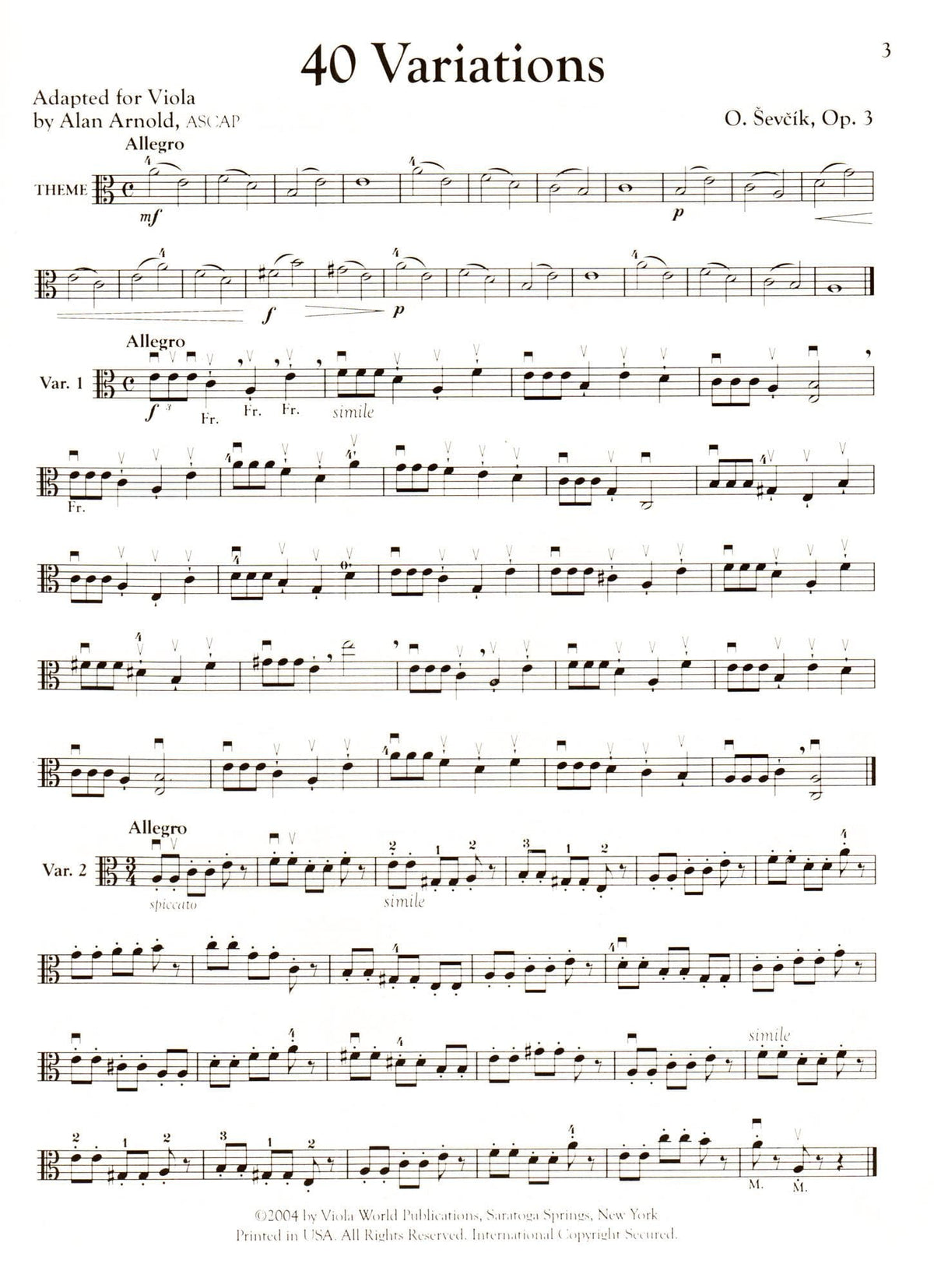 Sevcik, Otakar - Forty Variations for Viola Op 3 - Edited by Alan Arnold - Viola World