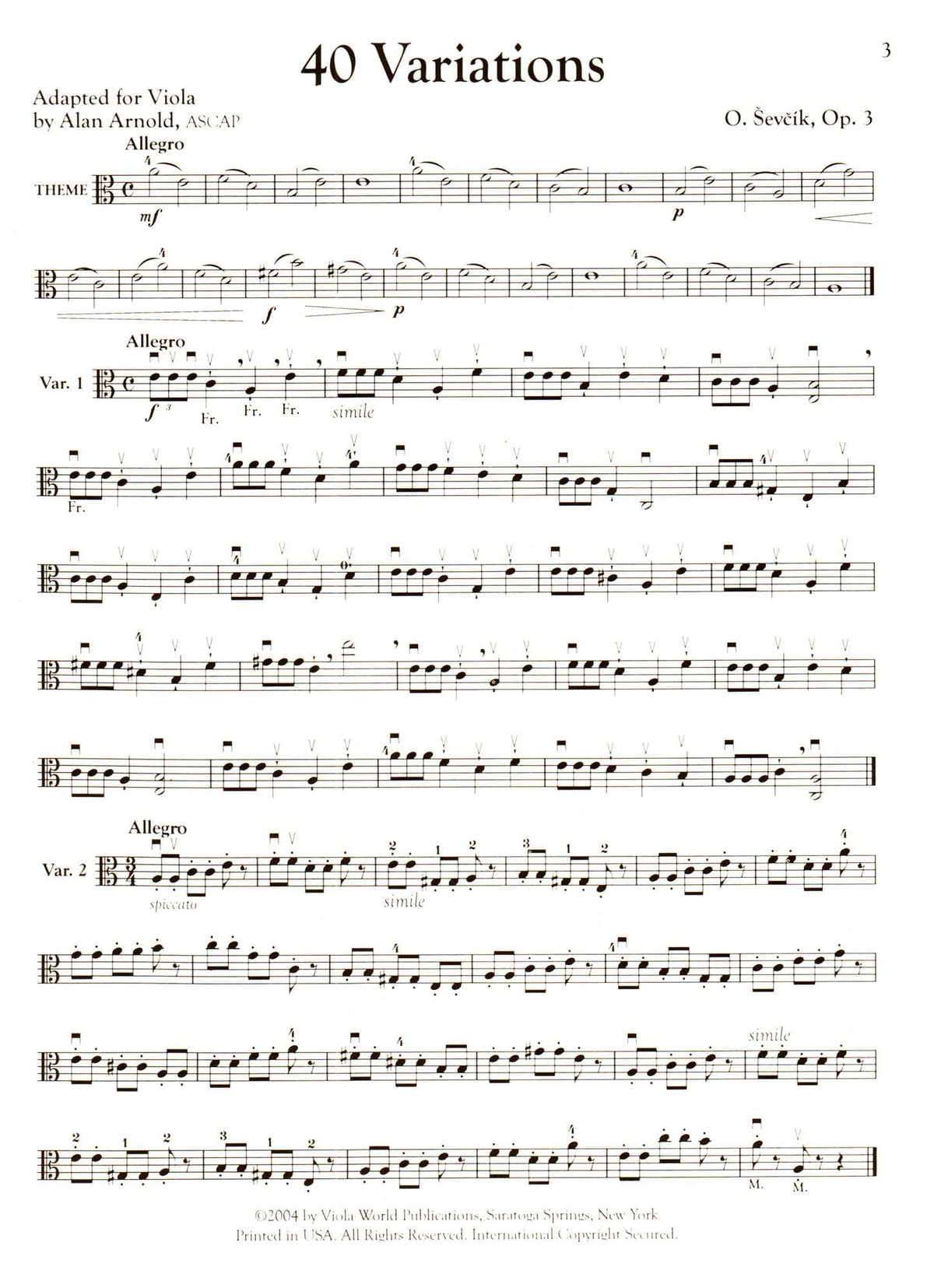 Sevcik, Otakar - Forty Variations for Viola Op 3 - Edited by Alan Arnold - Viola World