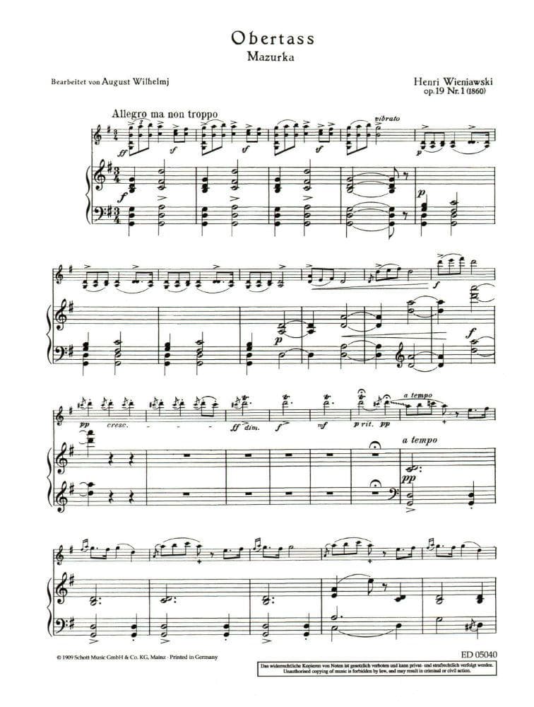 Wieniawski, Henryk - Obertass (Mazurka), Op 19, No 1 - Violin and Piano - edited by August Wilhelmj - Schott Music