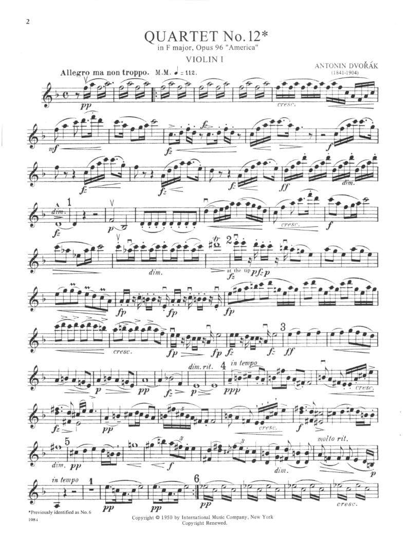 Dvorák, Antonín - String Quartet No 12 in F Major, Op 96 ("American") - Two Violins, Viola, and Cello - edited by the Paganini Quartet - International Music Co