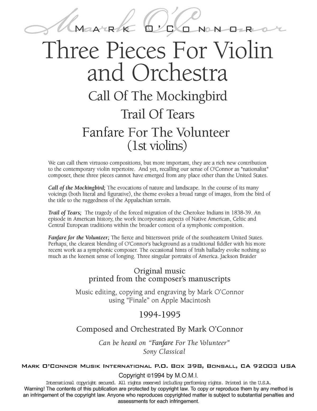 O'Connor, Mark - Three Pieces for Violin and Orchestra - String Parts - Digital Download