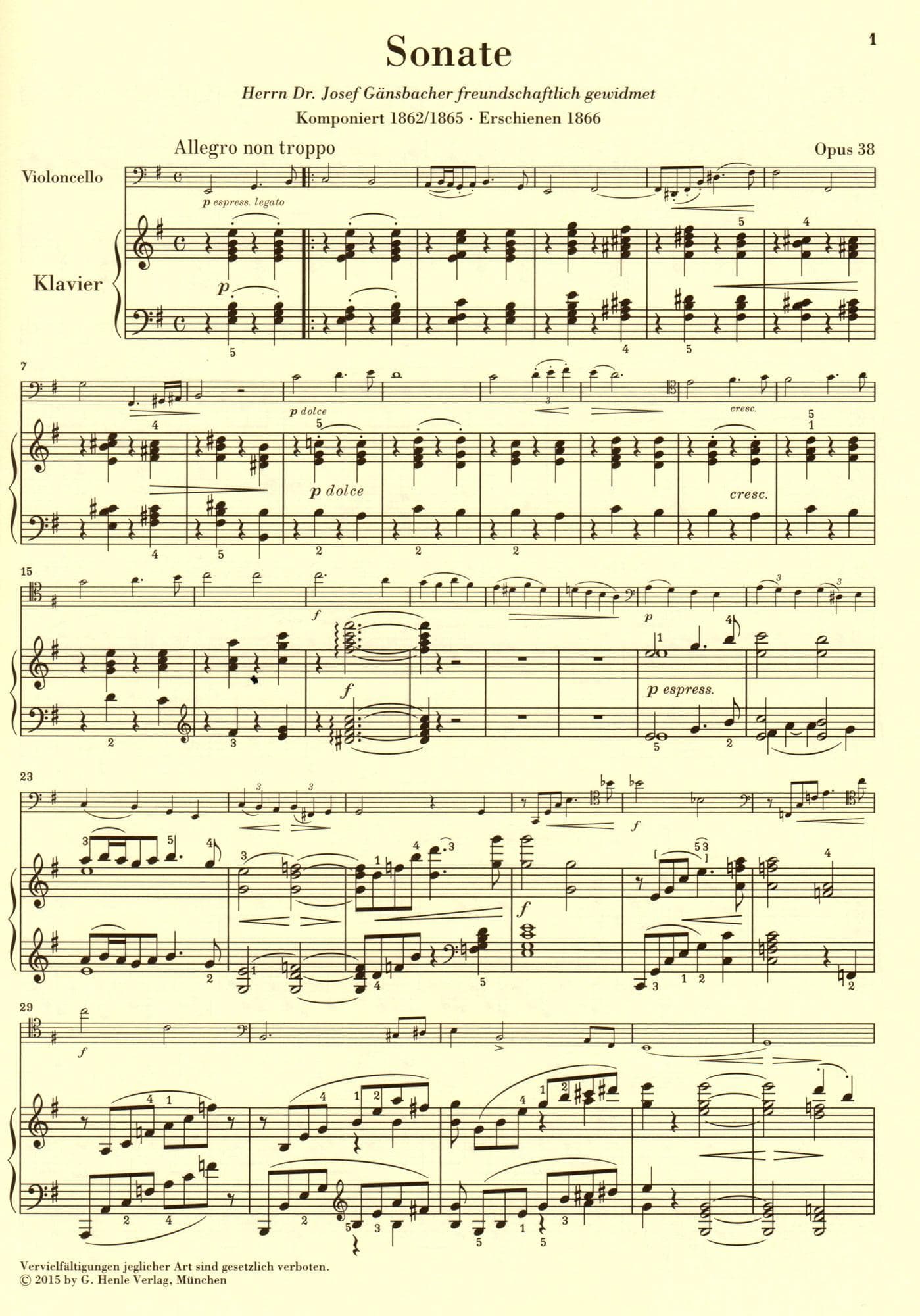 Brahms, Johannes - Sonata No 1 in e minor Op 38 for Cello and Piano - Henle Verlag URTEXT Edition