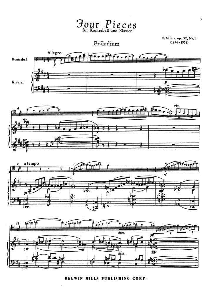 Glière, Reinhold - Four Pieces, Op 9 and 32 - Bass and Piano - Kalmus Edition