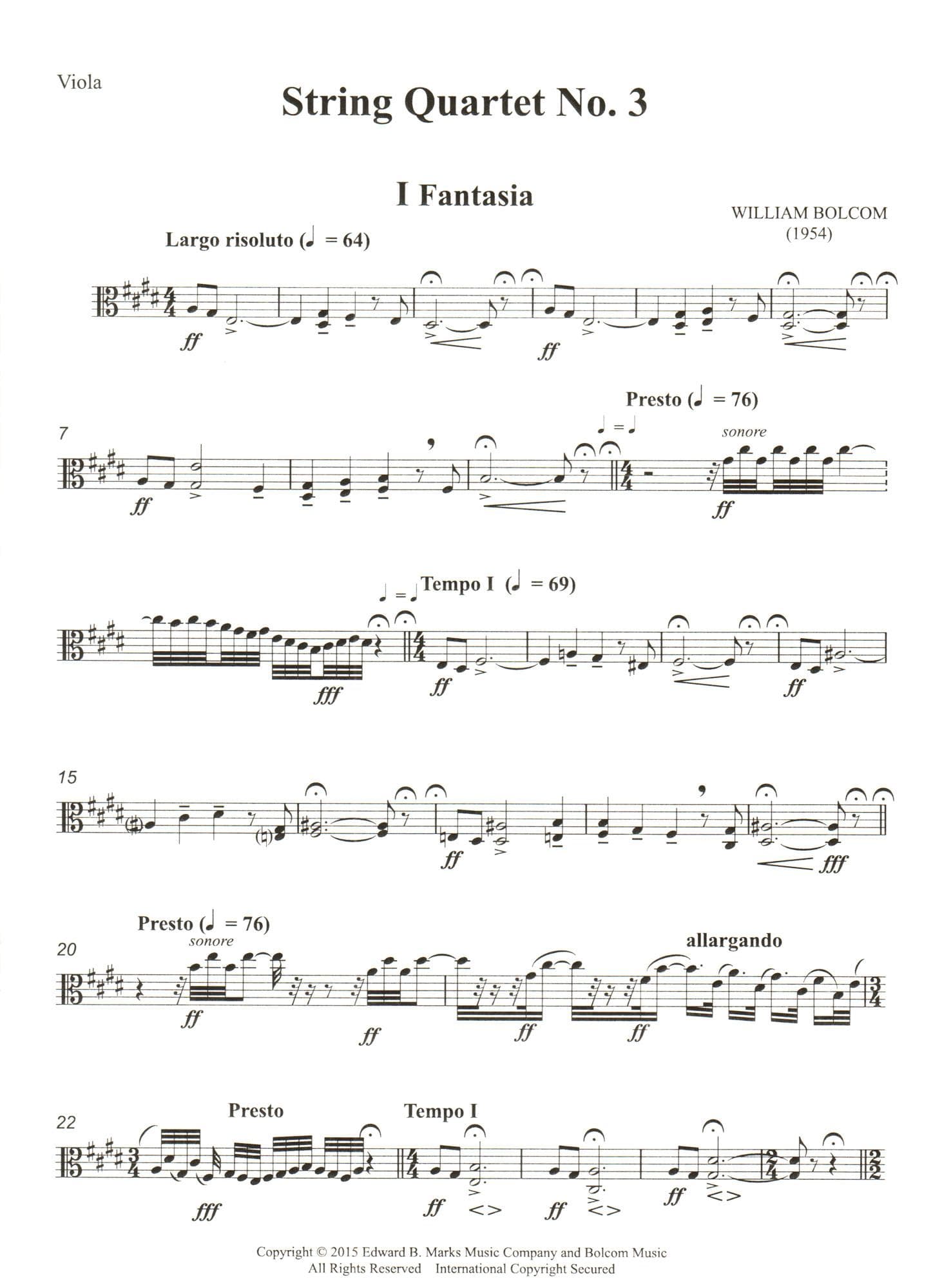 Bolcom, William - String Quartet No. 3 - Score and Parts - Edward B. Marks Music Company