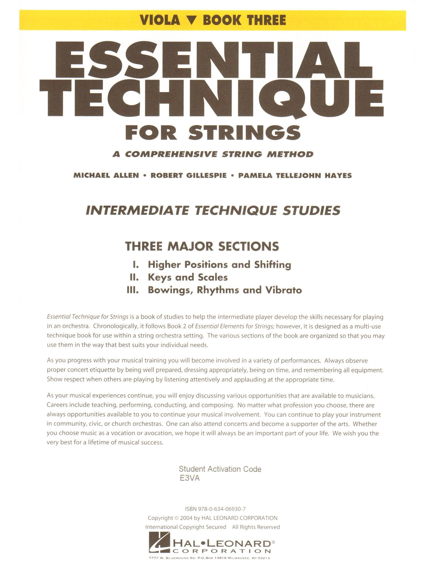 Essential Technique Interactive (formerly 2000) for Strings - Viola Book 3 - by Allen/Gillespie/Hayes - Hal Leonard Publication