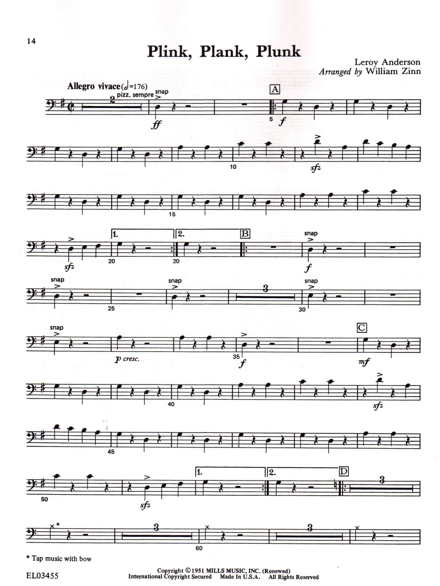 Anderson, Leroy - Leroy Anderson for Strings - String Bass Part - Arranged by William Zinn - Alfred Publishing Co.
