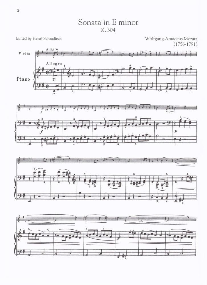Mozart, WA - Sonata in E Minor, K 304 - Violin and Piano - edited by Schradieck - Schirmer