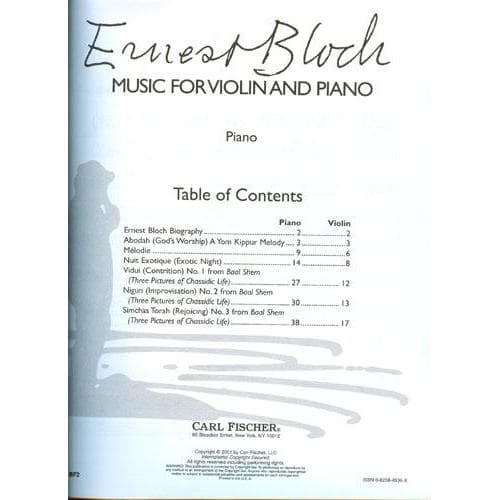 Bloch, Ernest - Music for Violin and Piano Score and Part - Fischer Edition