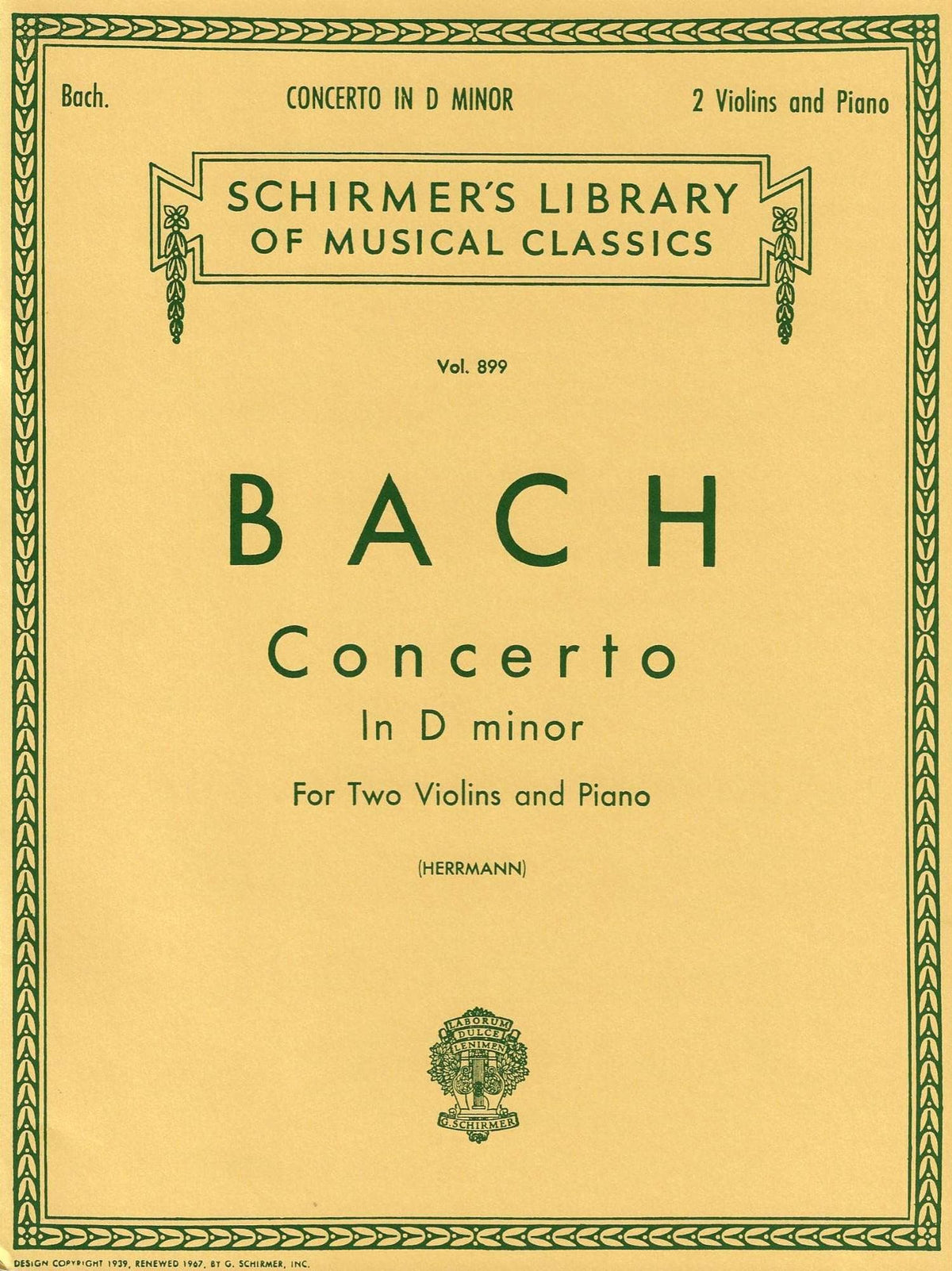 Bach, JS - Double Concerto in d minor, BWV 1043 - Two Violins and Piano - edited by Herrmann - Schirmer Edition