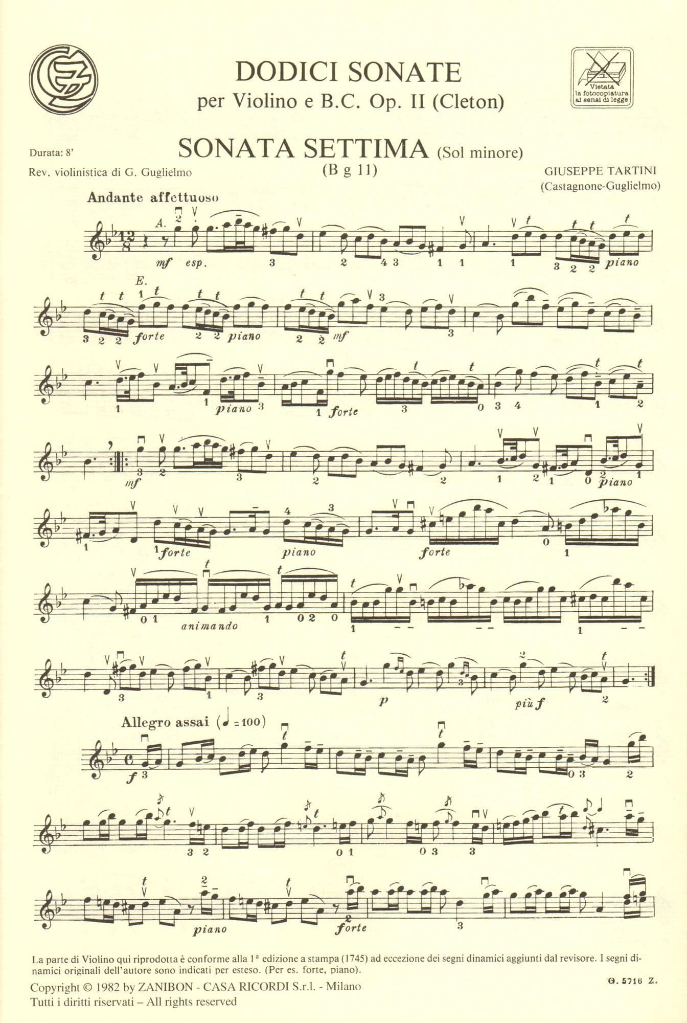 Tartini, Giuseppe - 12 Sonatas - for Violin and Piano - Volume II (Sonatas 7-12) - Zanibon