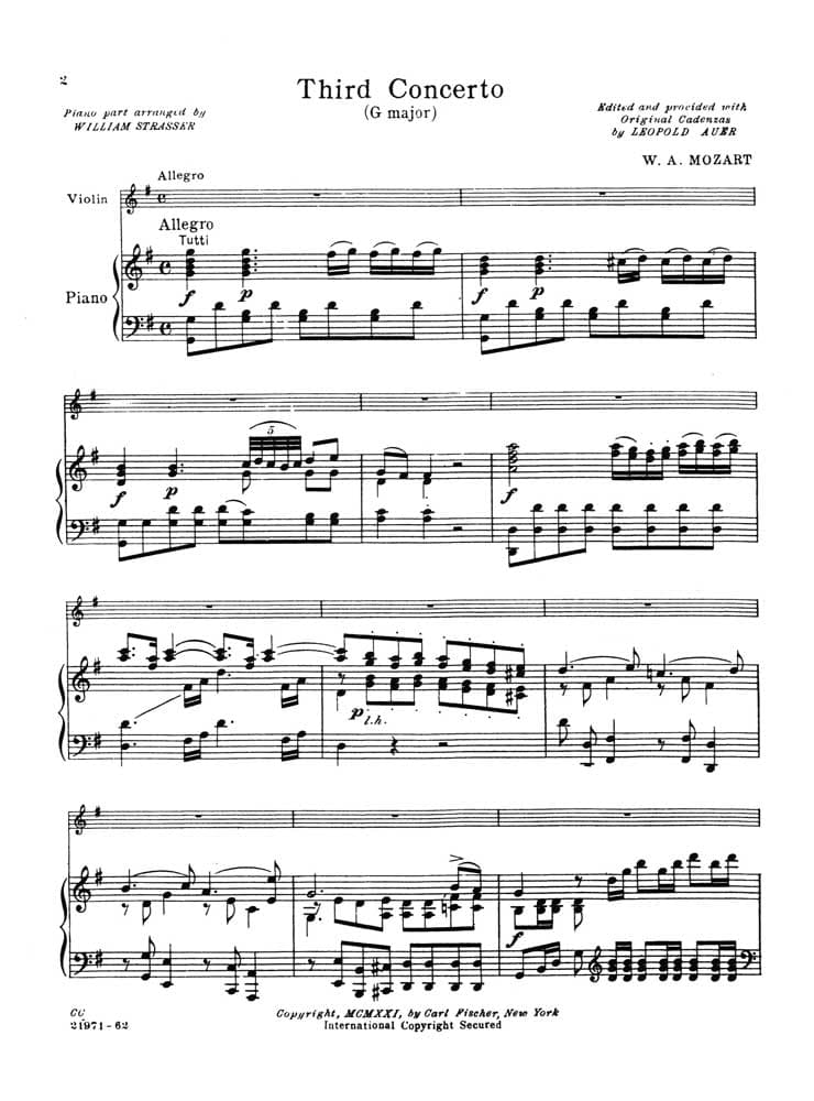 Mozart, WA - Concerto No 3 in G Major, K 216 - Violin and Piano - edited by Leopold Auer - Carl Fischer Edition