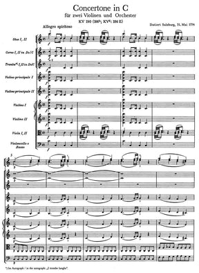 Mozart, WA - Concertone for Two Violins and Orchestra in C Major, K 190 - SCORE ONLY - Bärenreiter Verlag URTEXT