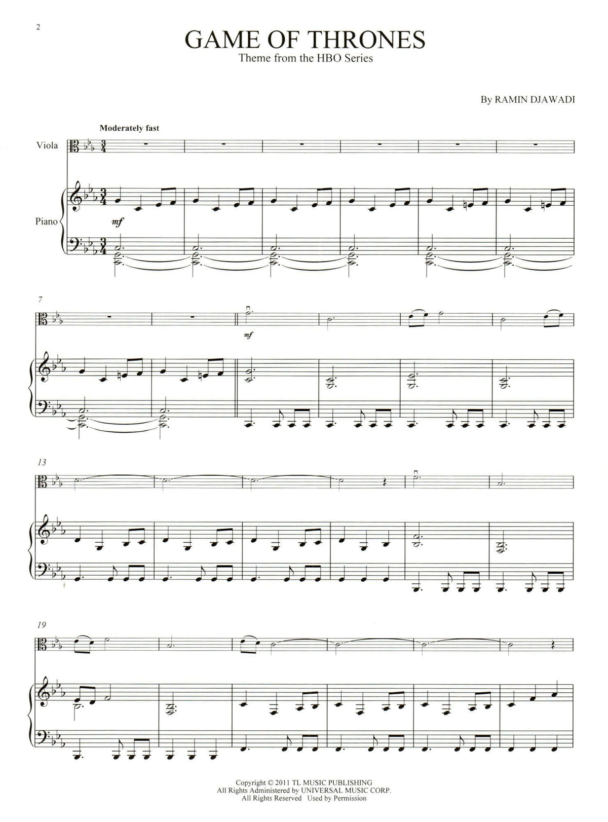 Game of Thrones Theme - for Viola and Piano - Hal Leonard
