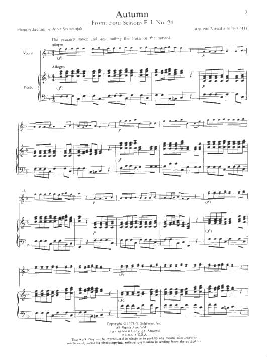 Vivaldi, Antonio - The Four Seasons: Concerto No 3 in F Major, RV 293 "Autumn" - Violin and Piano - edited by Rok Klopcic - Schirmer