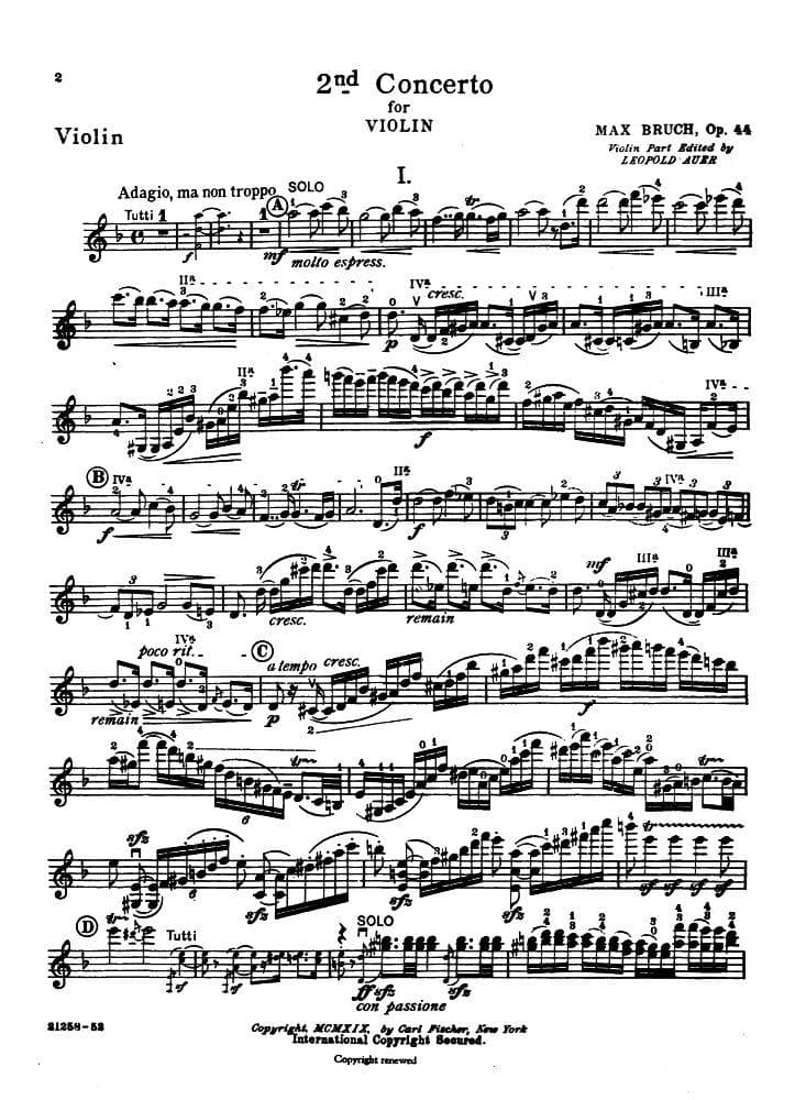 Bruch, Max - Concerto No 2 in D Minor for Violin and Piano, Op 44 - for Violin and Piano - edited by Leopold Auer - Carl Fischer Edition