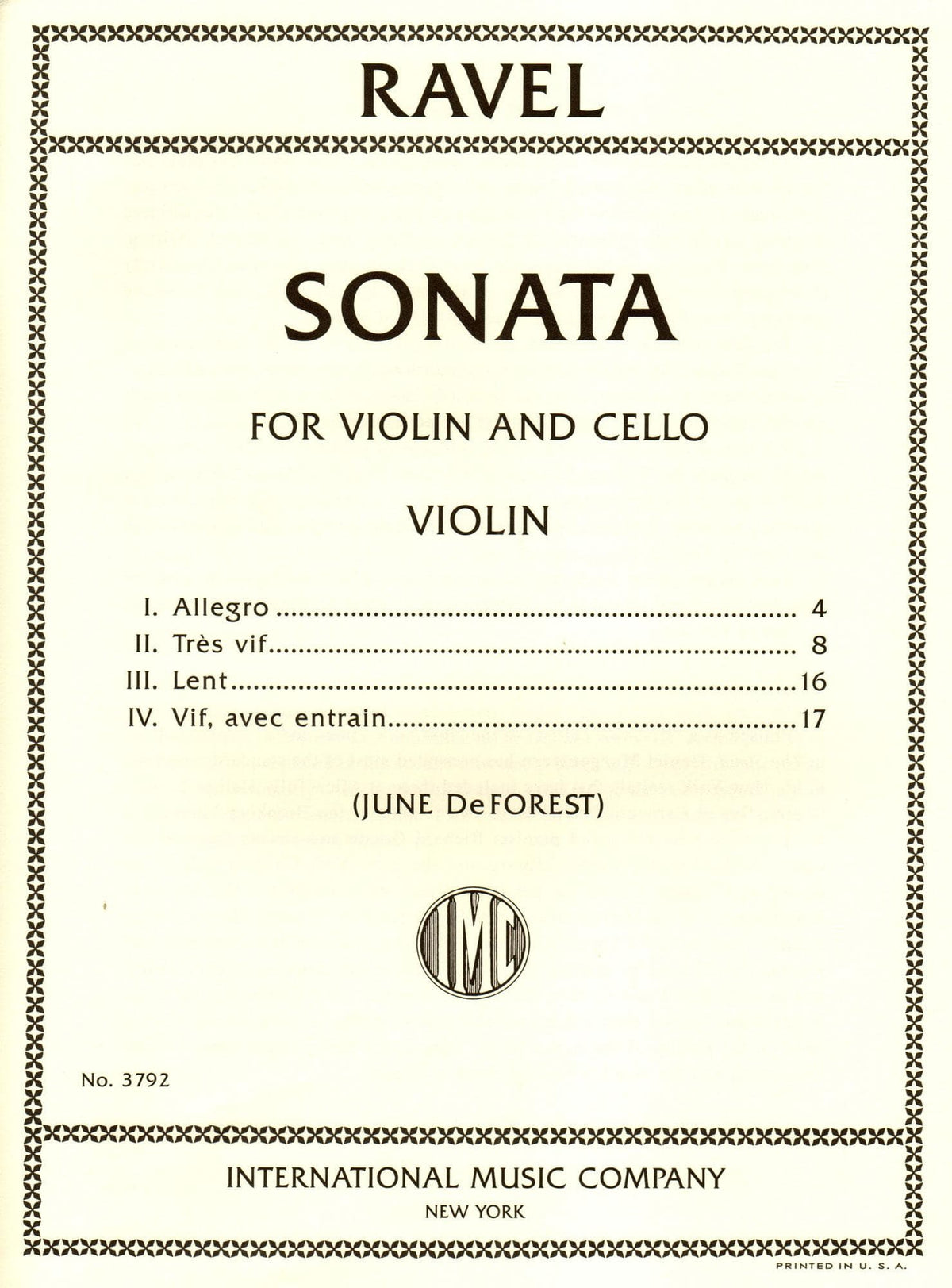 Ravel, Maurice - Sonata for Violin and Cello - edited by June DeForest - International Music Company