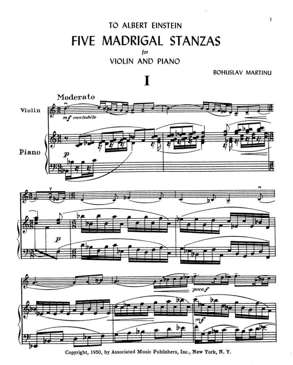 Martinů, Bohuslav - Five Madrigal Stanzas, Op 297 - Violin and Piano - Associated Music Publishers