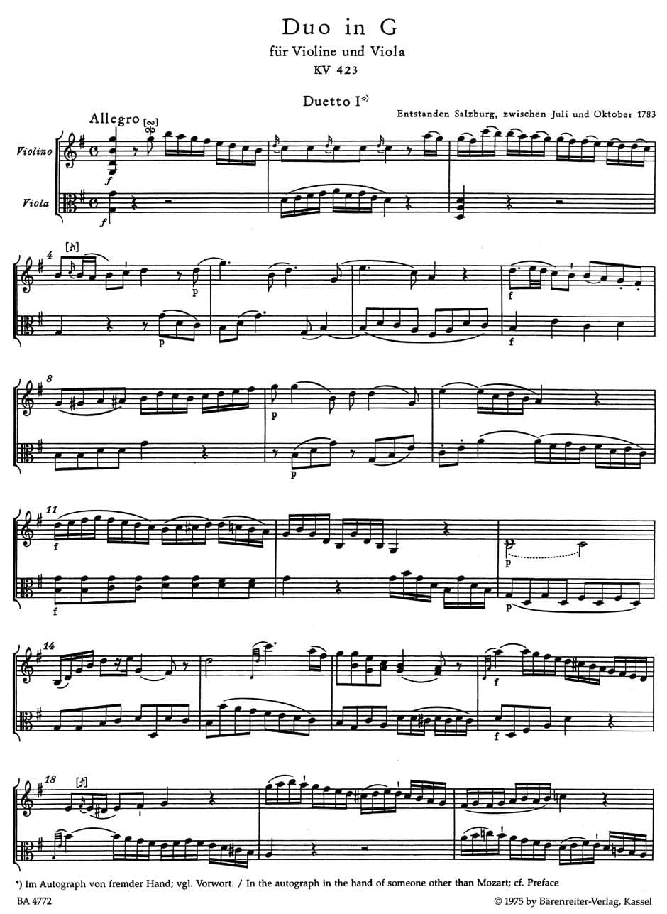 Mozart, WA - Duets, K 423 and 424 - Violin and Viola - edited by Dietrich Berke - Bärenreiter Verlag URTEXT
