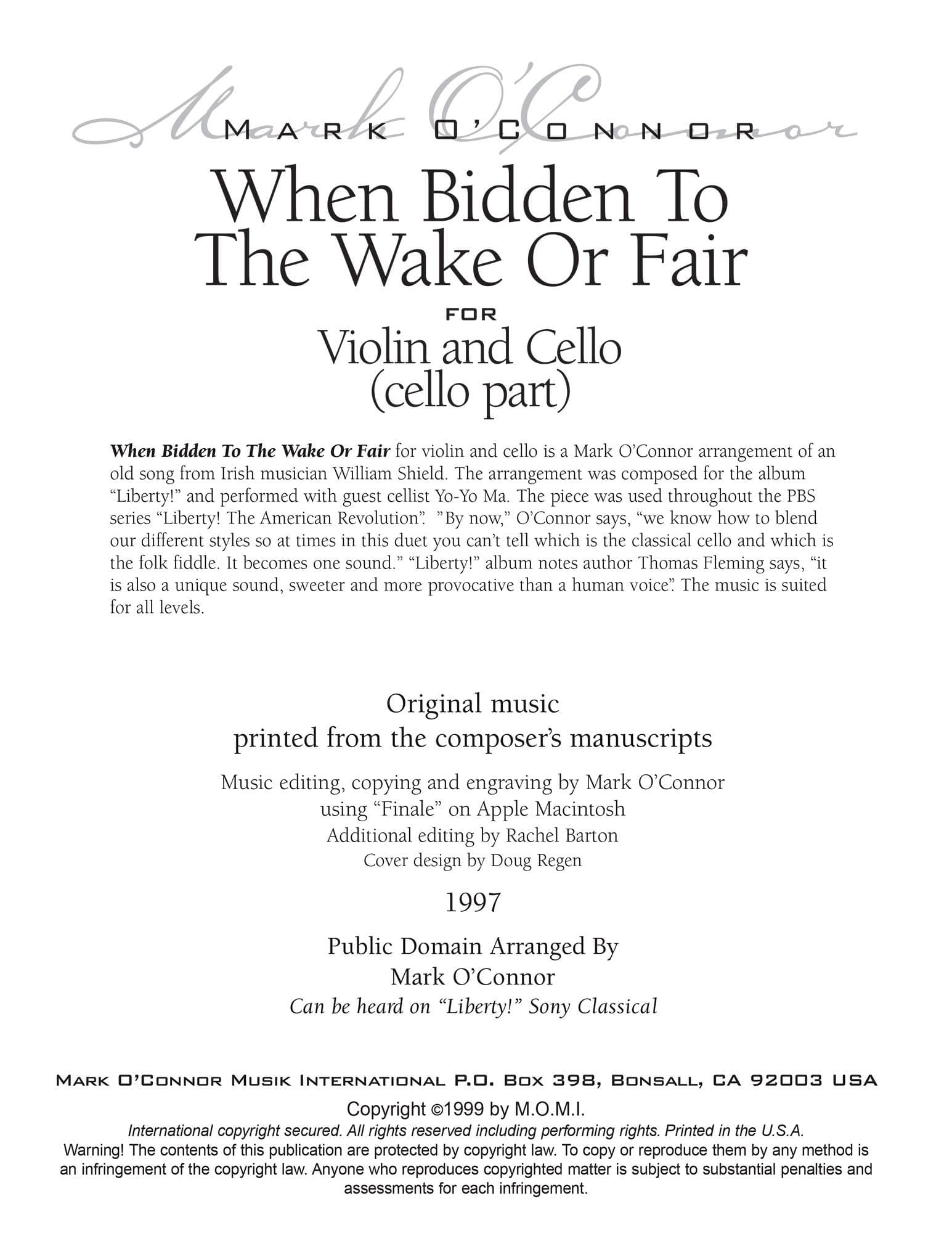O'Connor, Mark - When Bidden To The Wake Or Fair for Violin and Cello - Cello - Digital Download