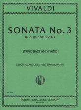 Vivaldi, Antonio - Sonata No 3 in a minor, RV 43 For Bass and Piano Edited by Zimmerman Published by International Music Company