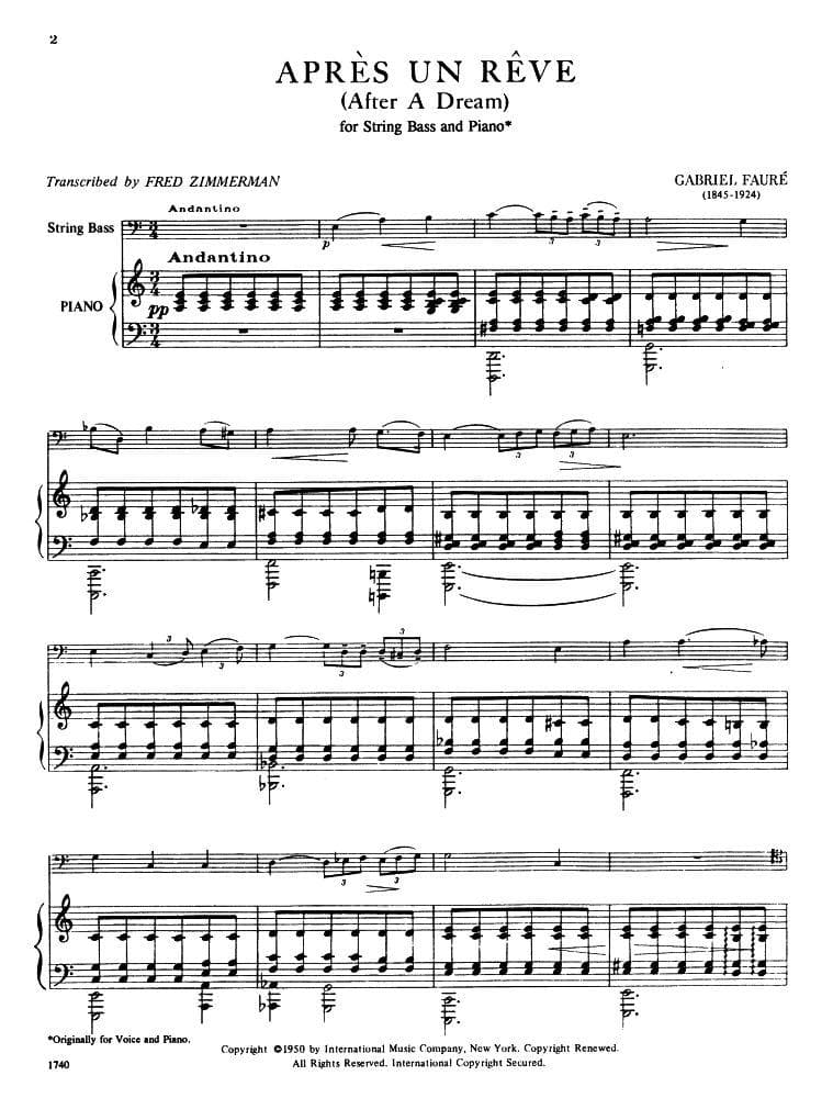 Fauré, Gabriel - Aprés un Rêve ( After a Dream ), Op 7, No 1 - Bass and Piano - edited by Fred Zimmermann - International Edition