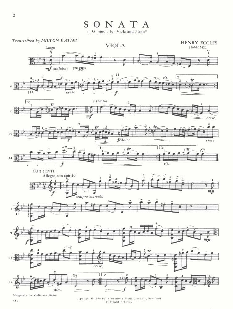 Eccles, Henry - Sonata in g minor - Viola and Piano - edited by Milton Katims - International Edition