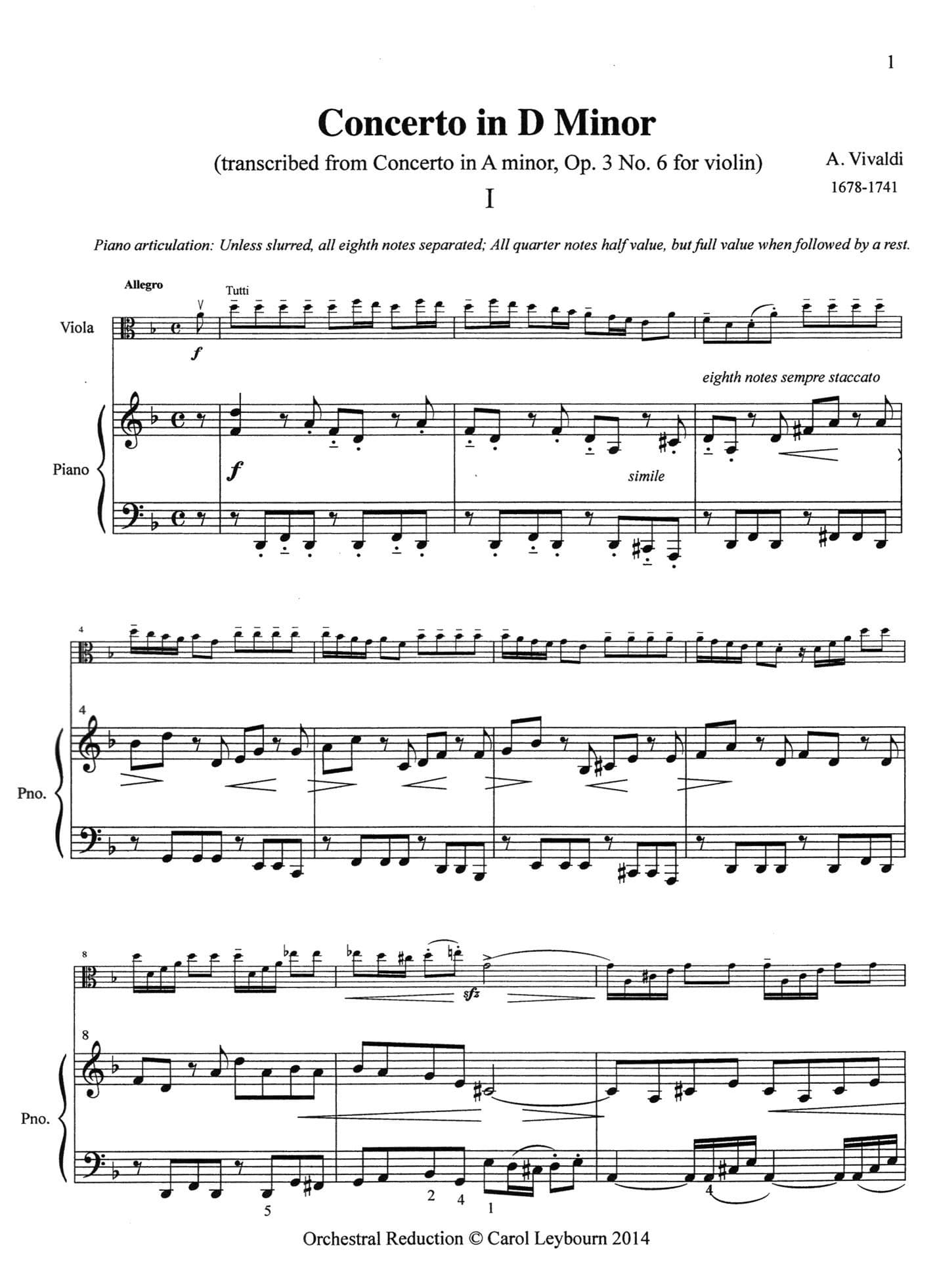 Viola Concertos (Volume 1) - Vivaldi, J.C. Bach, Telemann, Handel, Stamitz - PIANO ACCOMPANIMENT ONLY - arranged by Carol Leybourn - Frustrated Accompanist Edition