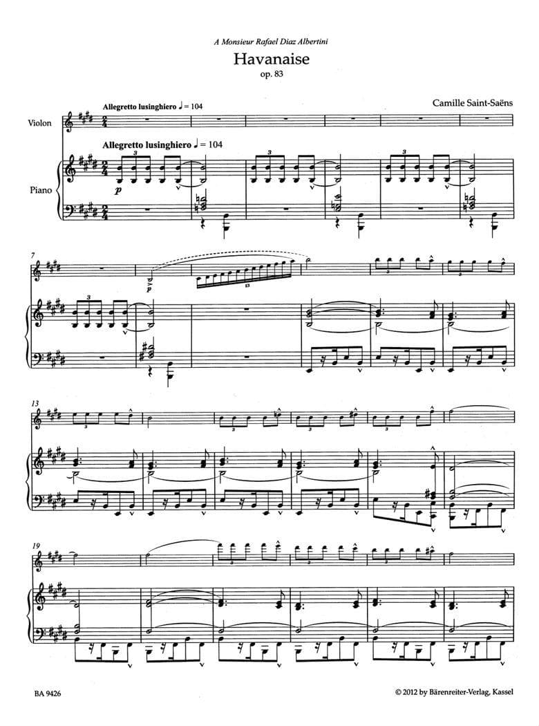 Saint-Saëns, Camille - Havanaise Op 83 for Violin and Piano - edited by Christine Baur - Bärenreiter