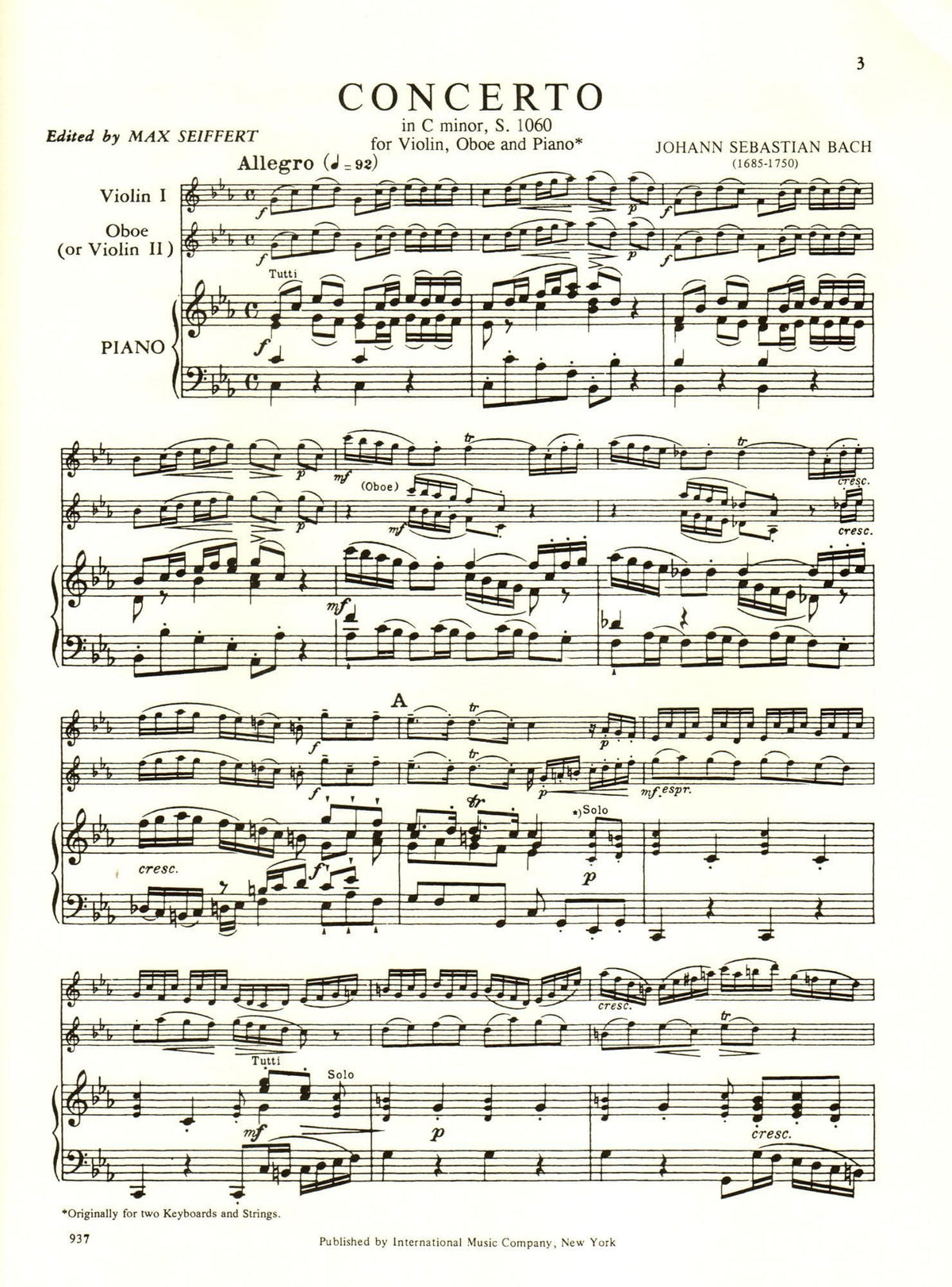 Bach, JS - Concerto in c minor, BWV 1060R - Violin, Oboe, and Piano / Two Violins and Piano - edited by Max Seiffert - International Music Company