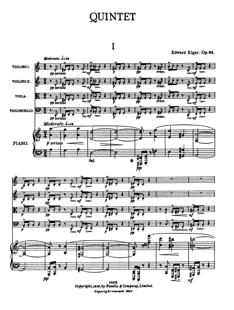 Elgar, Edward - Piano Quintet in a minor, Op 84 - Two Violins, Viola, Cello, and Piano - Novello Edition