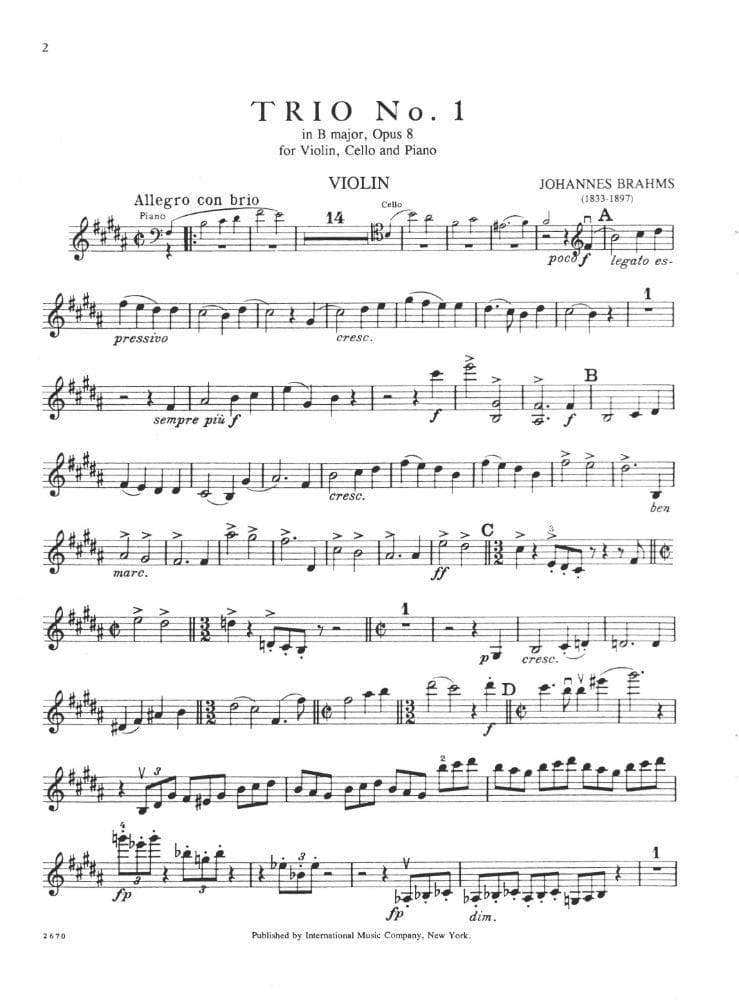 Brahms, Johannes - Piano Trio No 1 in B Major Op 8 for Violin, Cello and Piano - International Edition