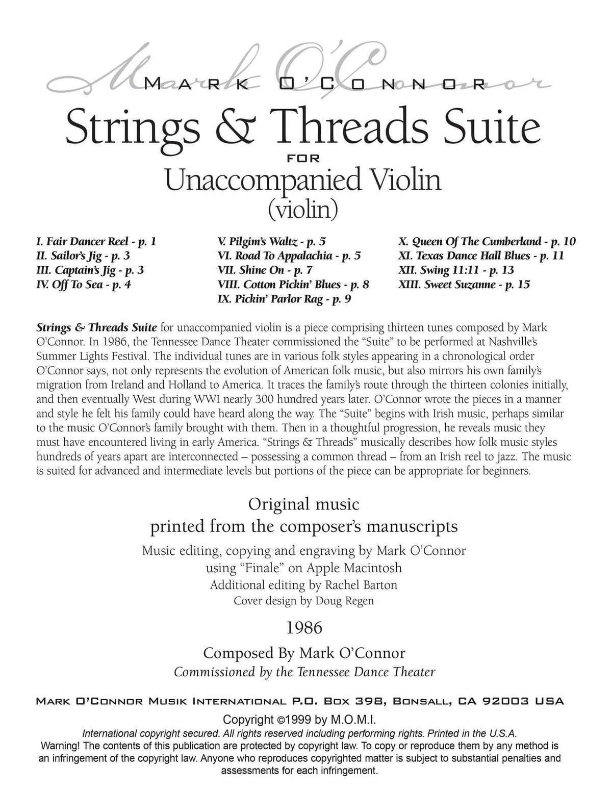 O'Connor, Mark - Strings & Threads Suite - for Unaccompanied Violin - Digital Download