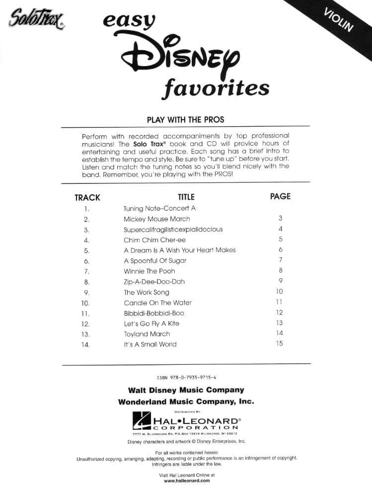 Easy Disney Favorites - Violin - Book/CD set - Hal Leonard Publications